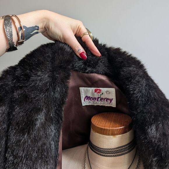 Vintage Black Faux Fur Coat Fur Trim Jacket Mob Wife Minimalist Goth Chic Medium - Picture 9 of 12